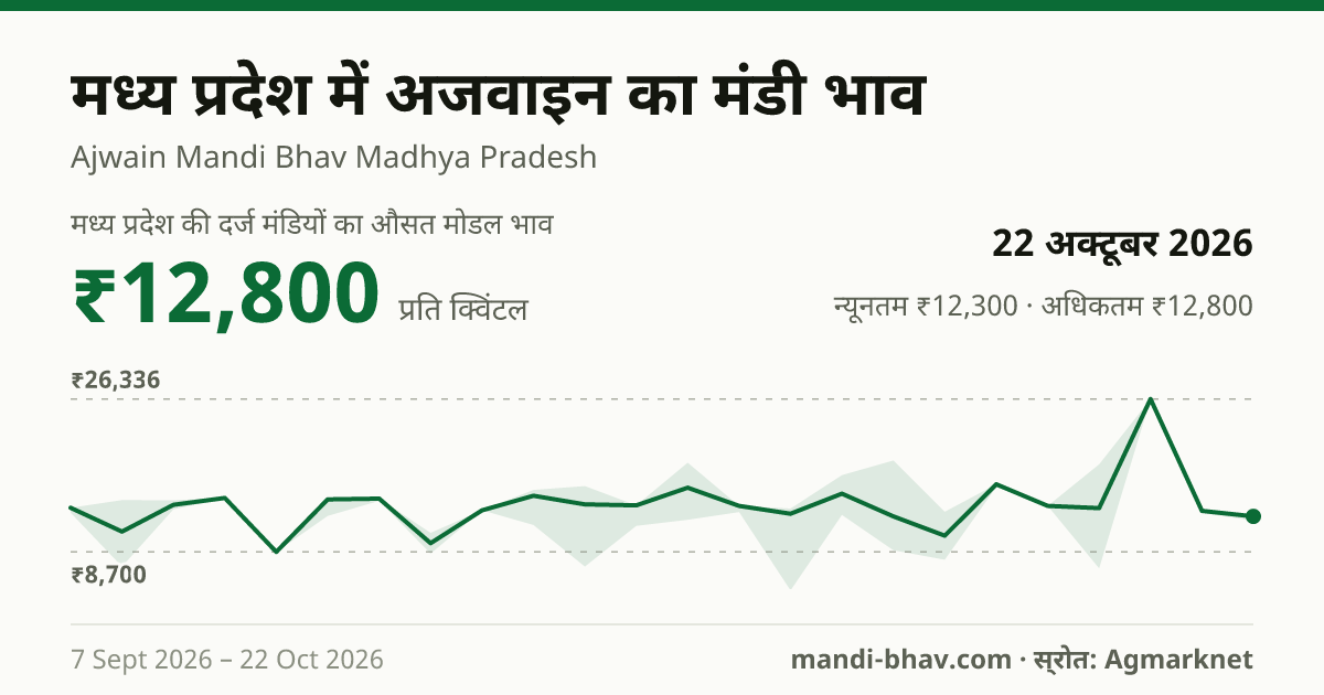 मध्य प्रदेश में अजवाइन का मंडी भाव 22 अक्टूबर 2026: औसत मोडल ₹12,800 प्रति क्विंटल, भाव के रुझान का चार्ट
