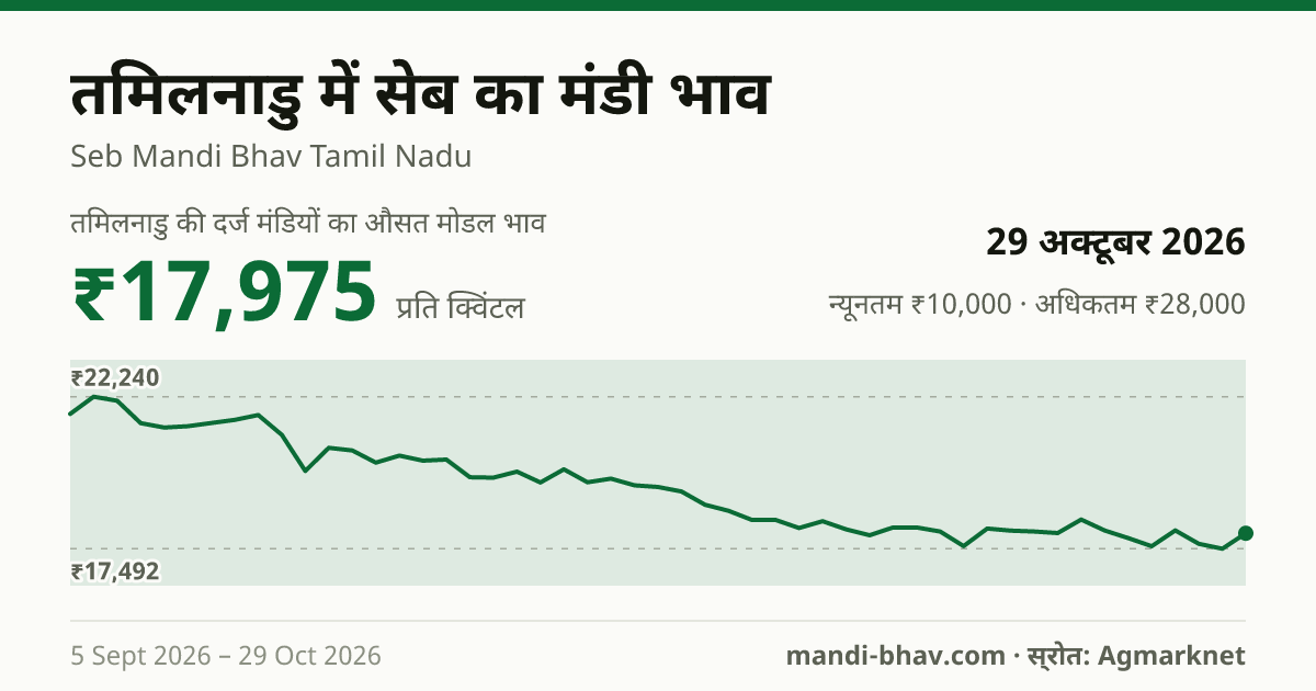 तमिलनाडु में सेब का मंडी भाव 29 अक्टूबर 2026: औसत मोडल ₹17,716 प्रति क्विंटल, भाव के रुझान का चार्ट