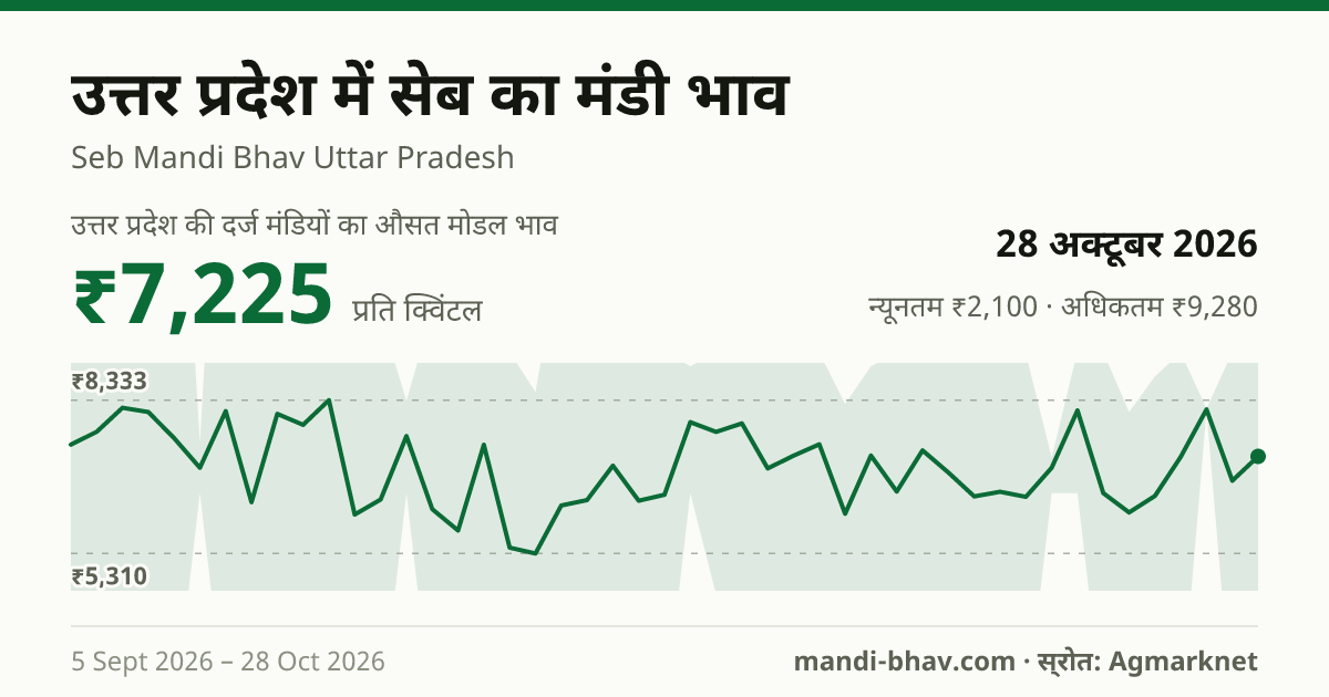 उत्तर प्रदेश में सेब का मंडी भाव 28 अक्टूबर 2026: औसत मोडल ₹7,225 प्रति क्विंटल, भाव के रुझान का चार्ट