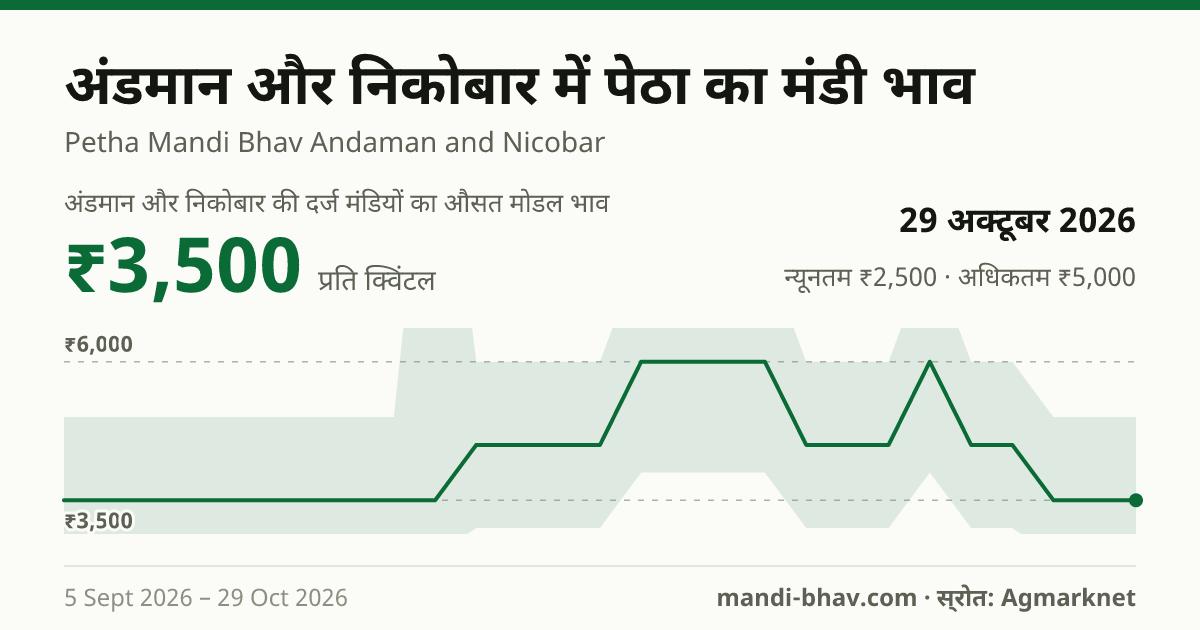 अंडमान और निकोबार में पेठा का मंडी भाव 29 अक्टूबर 2026: औसत मोडल ₹3,500 प्रति क्विंटल, भाव के रुझान का चार्ट
