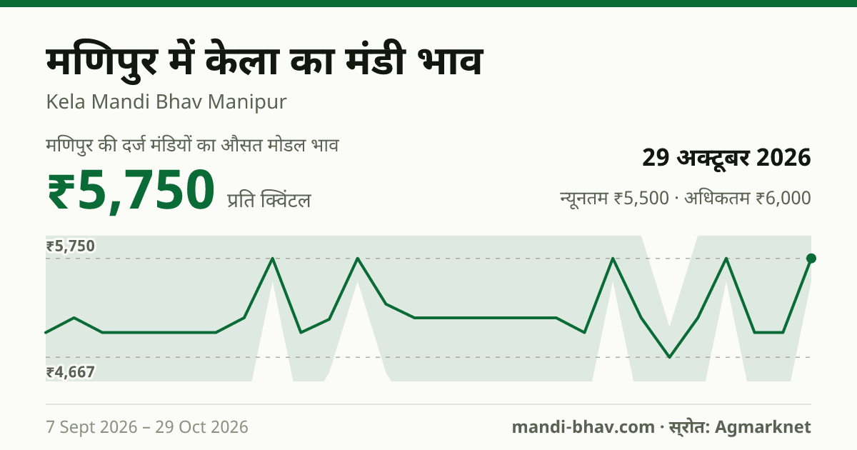 मणिपुर में केला का मंडी भाव 29 अक्टूबर 2026: औसत मोडल ₹5,750 प्रति क्विंटल, भाव के रुझान का चार्ट