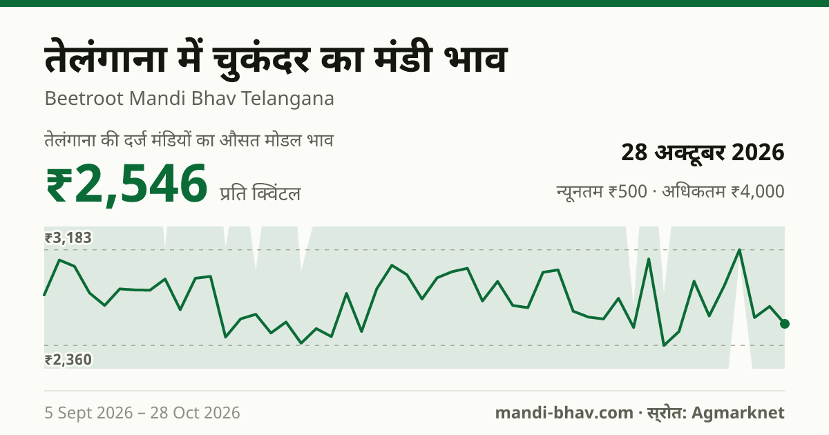 तेलंगाना में चुकंदर का मंडी भाव 28 अक्टूबर 2026: औसत मोडल ₹2,546 प्रति क्विंटल, भाव के रुझान का चार्ट