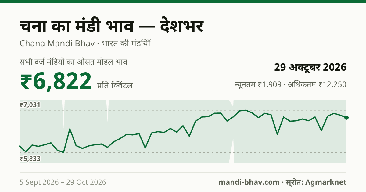 देशभर में चना का मंडी भाव 29 अक्टूबर 2026: औसत मोडल ₹6,822 प्रति क्विंटल, भाव के रुझान का चार्ट
