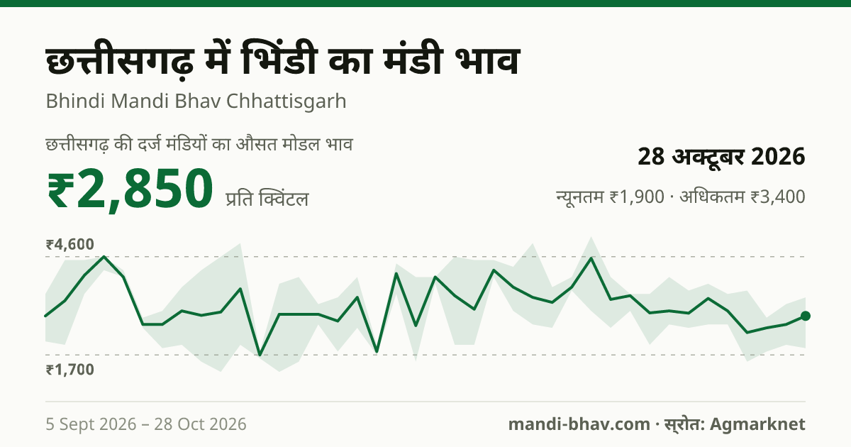 छत्तीसगढ़ में भिंडी का मंडी भाव 28 अक्टूबर 2026: औसत मोडल ₹2,850 प्रति क्विंटल, भाव के रुझान का चार्ट
