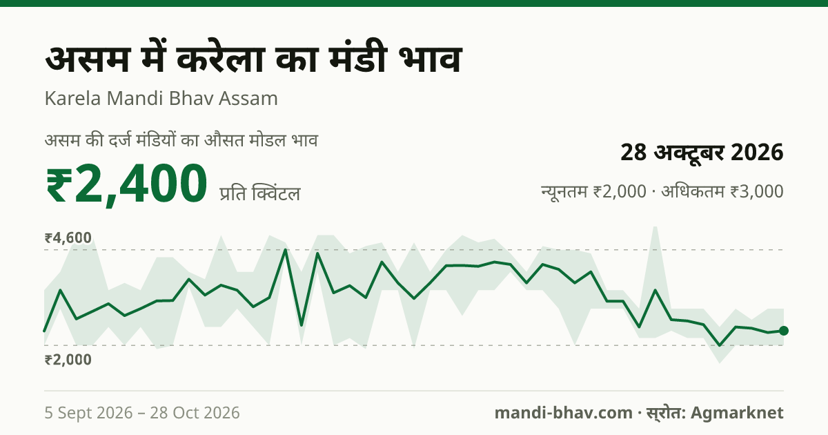 असम में करेला का मंडी भाव 28 अक्टूबर 2026: औसत मोडल ₹2,400 प्रति क्विंटल, भाव के रुझान का चार्ट