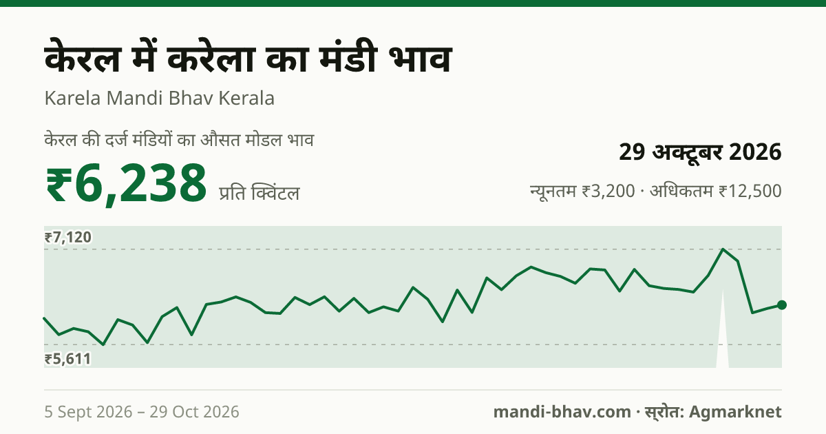 केरल में करेला का मंडी भाव 29 अक्टूबर 2026: औसत मोडल ₹6,333 प्रति क्विंटल, भाव के रुझान का चार्ट