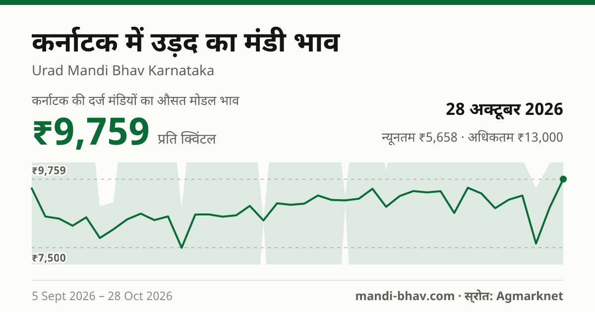 कर्नाटक में उड़द का मंडी भाव 28 अक्टूबर 2026: औसत मोडल ₹9,759 प्रति क्विंटल, भाव के रुझान का चार्ट