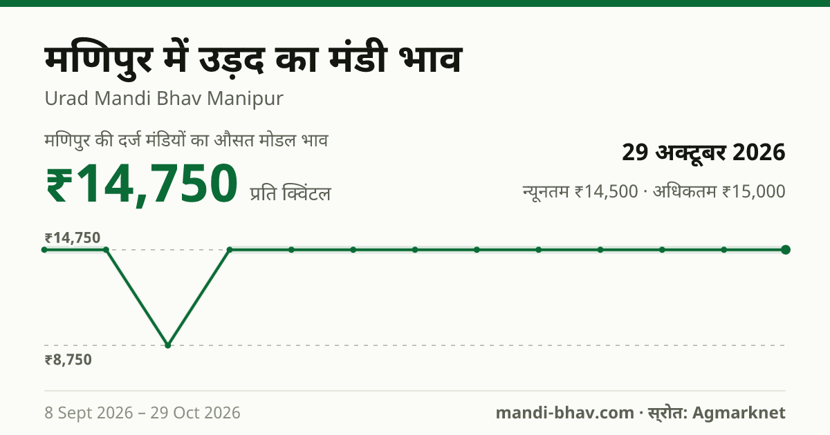मणिपुर में उड़द का मंडी भाव 29 अक्टूबर 2026: औसत मोडल ₹14,750 प्रति क्विंटल, भाव के रुझान का चार्ट
