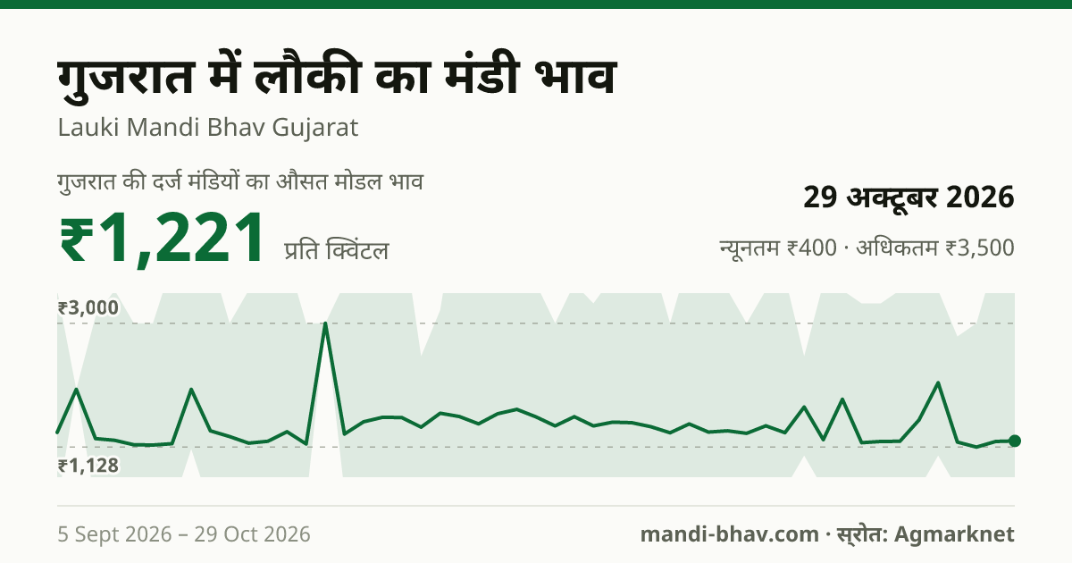 गुजरात में लौकी का मंडी भाव 29 अक्टूबर 2026: औसत मोडल ₹1,174 प्रति क्विंटल, भाव के रुझान का चार्ट