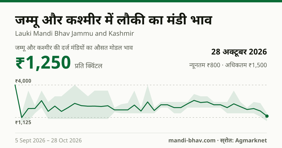 जम्मू और कश्मीर में लौकी का मंडी भाव 28 अक्टूबर 2026: औसत मोडल ₹1,250 प्रति क्विंटल, भाव के रुझान का चार्ट