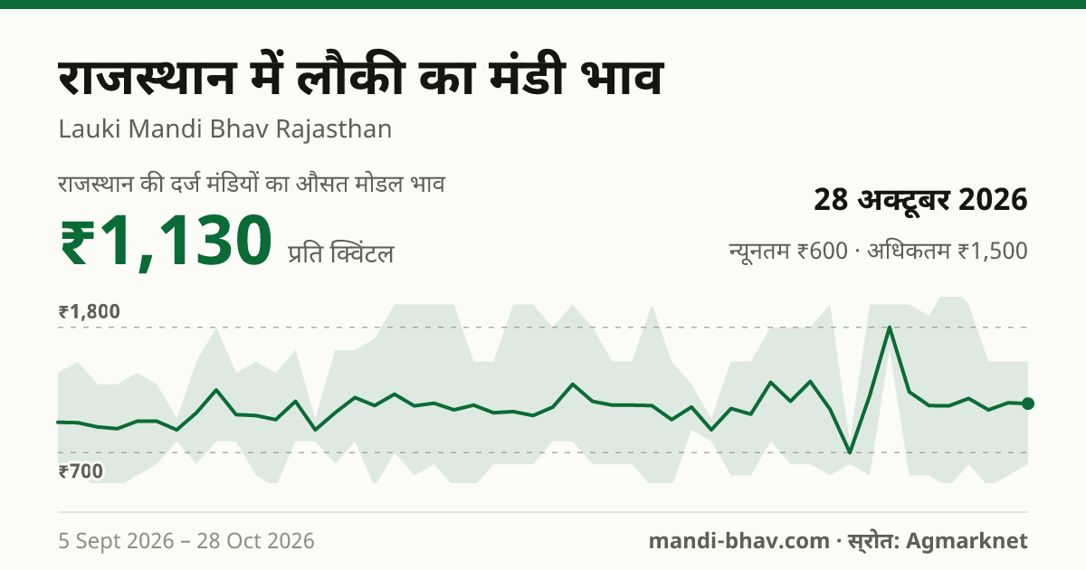 राजस्थान में लौकी का मंडी भाव 28 अक्टूबर 2026: औसत मोडल ₹1,130 प्रति क्विंटल, भाव के रुझान का चार्ट