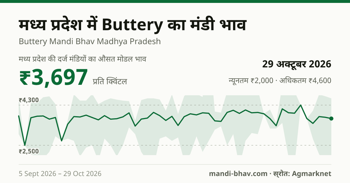 मध्य प्रदेश में Buttery का मंडी भाव 29 अक्टूबर 2026: औसत मोडल ₹4,213 प्रति क्विंटल, भाव के रुझान का चार्ट