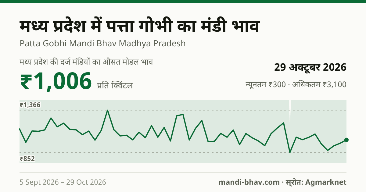 मध्य प्रदेश में पत्ता गोभी का मंडी भाव 29 अक्टूबर 2026: औसत मोडल ₹1,010 प्रति क्विंटल, भाव के रुझान का चार्ट