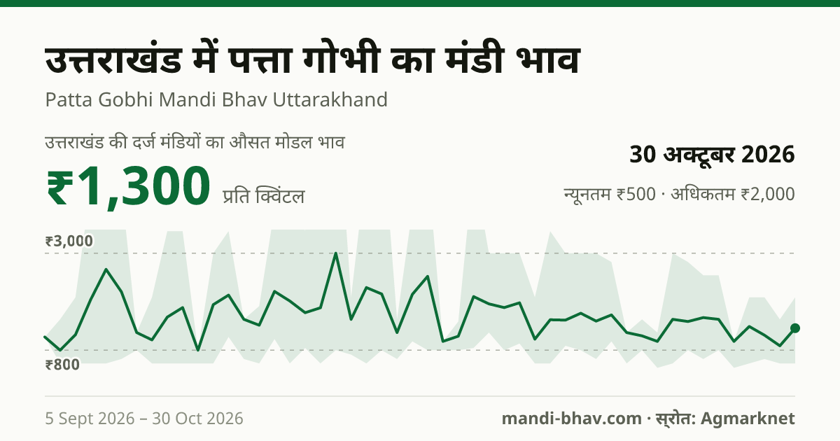 उत्तराखंड में पत्ता गोभी का मंडी भाव 30 अक्टूबर 2026: औसत मोडल ₹1,300 प्रति क्विंटल, भाव के रुझान का चार्ट