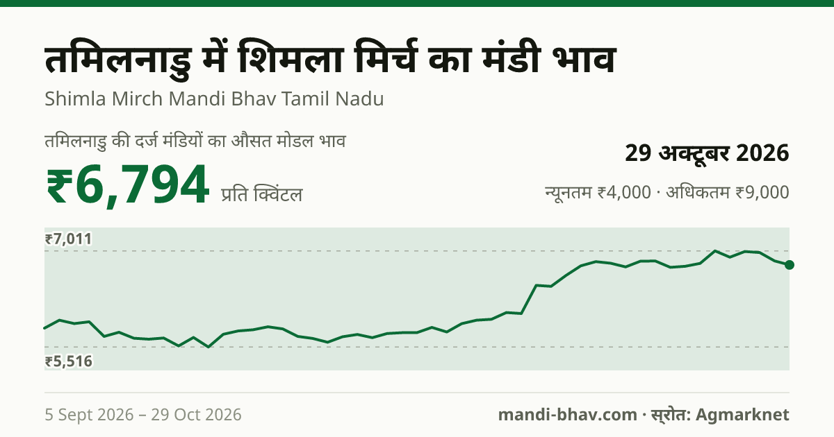 तमिलनाडु में शिमला मिर्च का मंडी भाव 29 अक्टूबर 2026: औसत मोडल ₹6,794 प्रति क्विंटल, भाव के रुझान का चार्ट