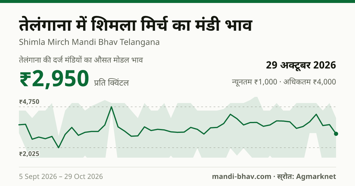तेलंगाना में शिमला मिर्च का मंडी भाव 29 अक्टूबर 2026: औसत मोडल ₹3,250 प्रति क्विंटल, भाव के रुझान का चार्ट
