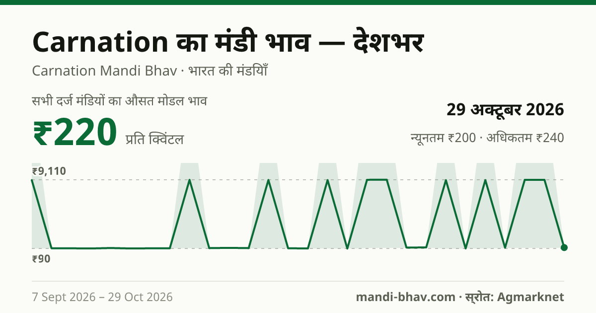 देशभर में Carnation का मंडी भाव 29 अक्टूबर 2026: औसत मोडल ₹220 प्रति क्विंटल, भाव के रुझान का चार्ट