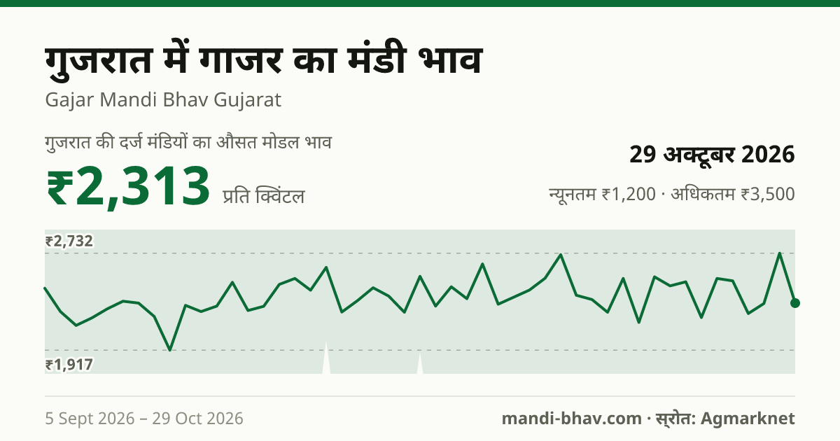 गुजरात में गाजर का मंडी भाव 29 अक्टूबर 2026: औसत मोडल ₹2,313 प्रति क्विंटल, भाव के रुझान का चार्ट