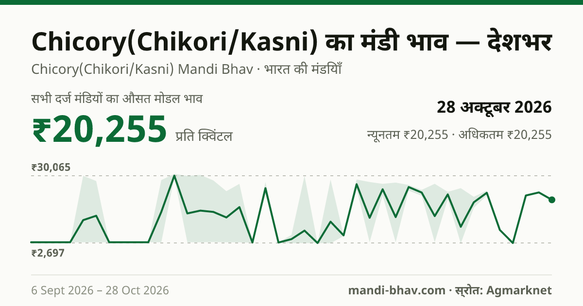 देशभर में Chicory(Chikori/Kasni) का मंडी भाव 28 अक्टूबर 2026: औसत मोडल ₹20,255 प्रति क्विंटल, भाव के रुझान का चार्ट