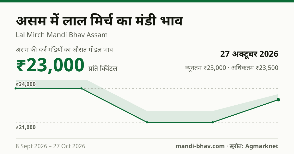 असम में लाल मिर्च का मंडी भाव 27 अक्टूबर 2026: औसत मोडल ₹23,000 प्रति क्विंटल, भाव के रुझान का चार्ट
