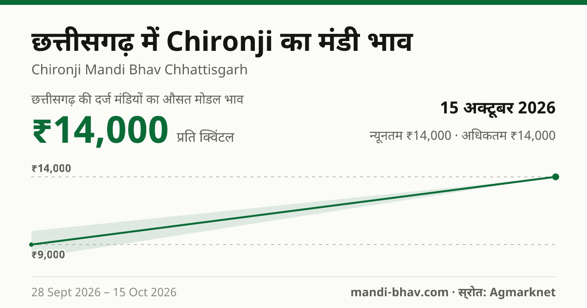 छत्तीसगढ़ में Chironji का मंडी भाव 15 अक्टूबर 2026: औसत मोडल ₹14,000 प्रति क्विंटल, भाव के रुझान का चार्ट