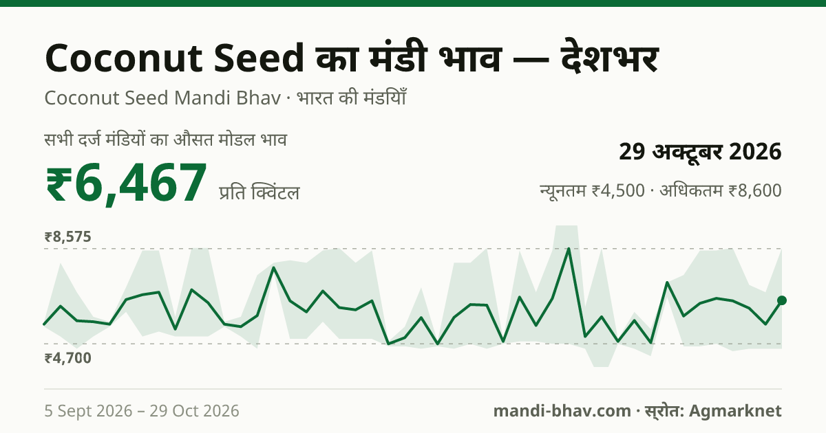 देशभर में Coconut Seed का मंडी भाव 29 अक्टूबर 2026: औसत मोडल ₹6,467 प्रति क्विंटल, भाव के रुझान का चार्ट