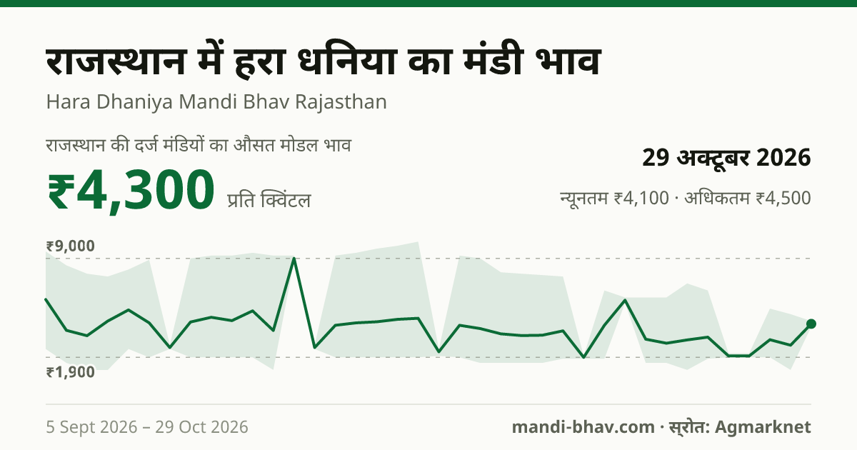 राजस्थान में हरा धनिया का मंडी भाव 29 अक्टूबर 2026: औसत मोडल ₹4,300 प्रति क्विंटल, भाव के रुझान का चार्ट