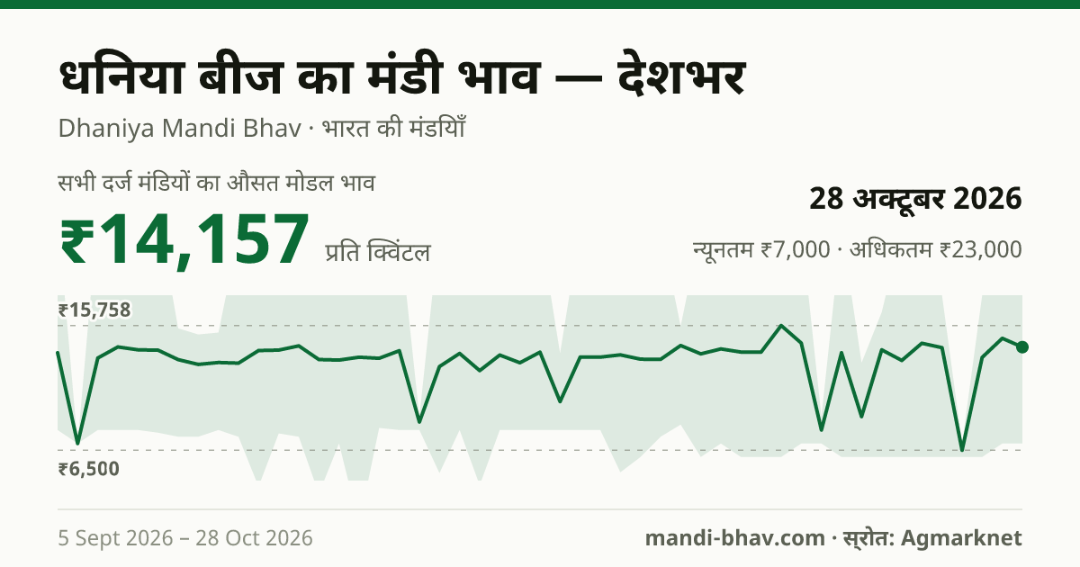 देशभर में धनिया बीज का मंडी भाव 28 अक्टूबर 2026: औसत मोडल ₹14,157 प्रति क्विंटल, भाव के रुझान का चार्ट