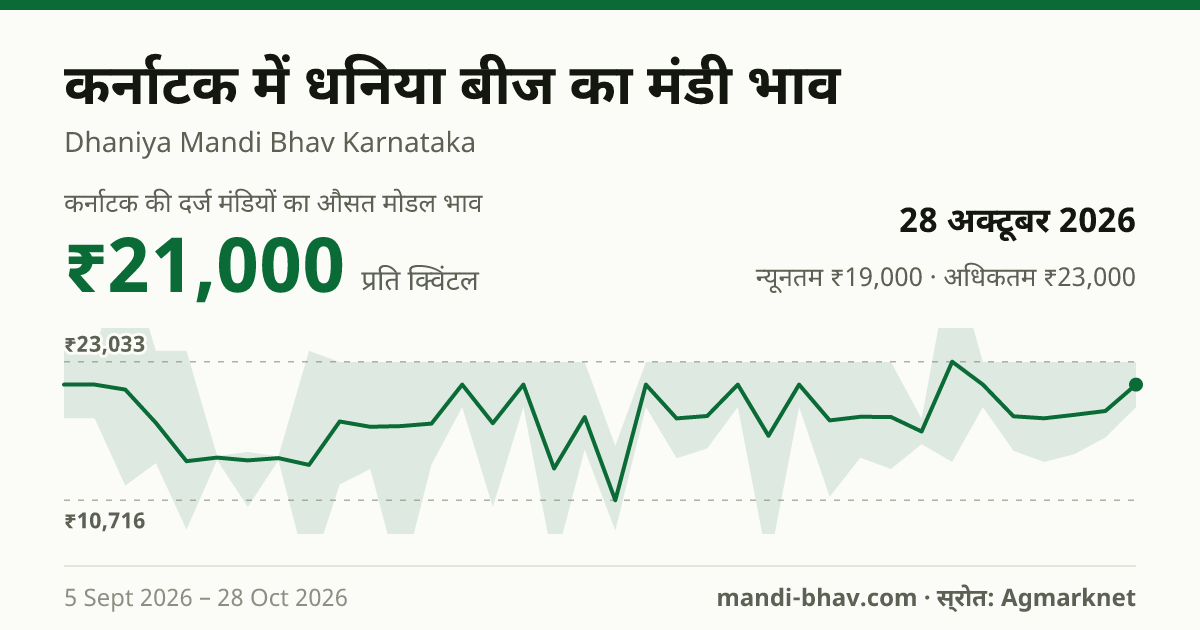 कर्नाटक में धनिया बीज का मंडी भाव 28 अक्टूबर 2026: औसत मोडल ₹21,000 प्रति क्विंटल, भाव के रुझान का चार्ट