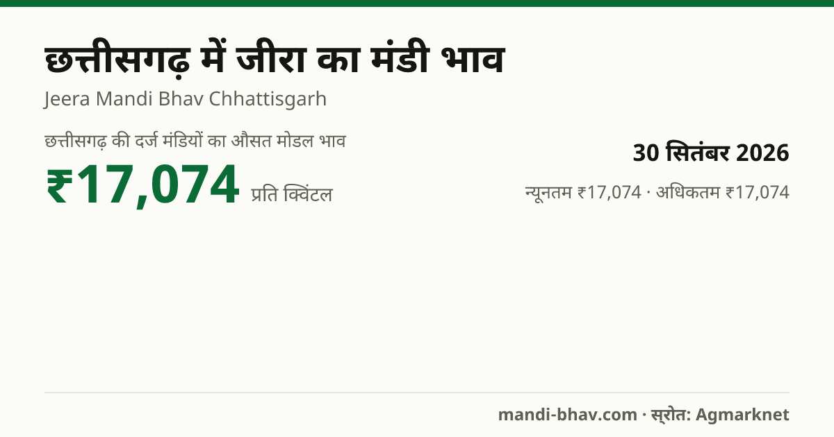 छत्तीसगढ़ में जीरा का मंडी भाव 30 सितंबर 2026: औसत मोडल ₹17,074 प्रति क्विंटल, भाव के रुझान का चार्ट