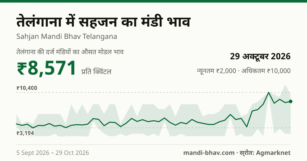 तेलंगाना में सहजन का मंडी भाव 29 अक्टूबर 2026: औसत मोडल ₹8,571 प्रति क्विंटल, भाव के रुझान का चार्ट