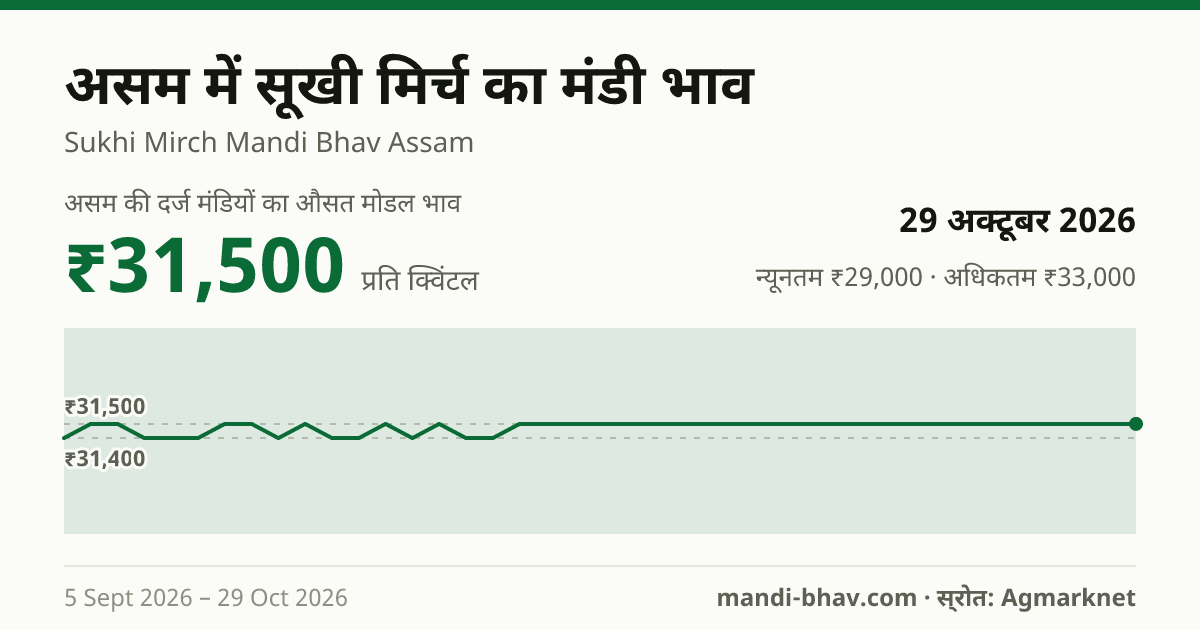 असम में सूखी मिर्च का मंडी भाव 29 अक्टूबर 2026: औसत मोडल ₹31,500 प्रति क्विंटल, भाव के रुझान का चार्ट