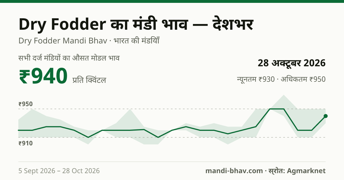 देशभर में Dry Fodder का मंडी भाव 28 अक्टूबर 2026: औसत मोडल ₹940 प्रति क्विंटल, भाव के रुझान का चार्ट