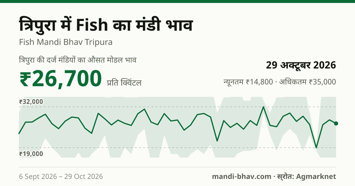 त्रिपुरा में Fish का मंडी भाव 29 अक्टूबर 2026: औसत मोडल ₹26,700 प्रति क्विंटल, भाव के रुझान का चार्ट