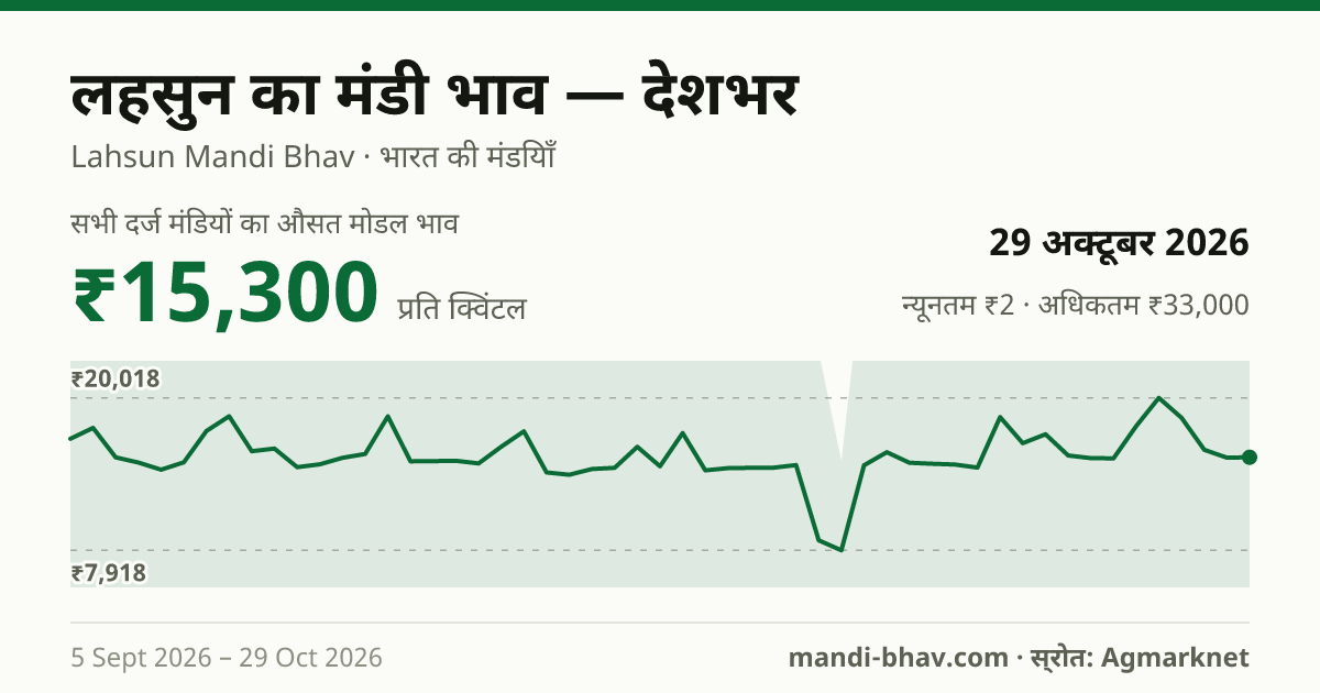 देशभर में लहसुन का मंडी भाव 29 अक्टूबर 2026: औसत मोडल ₹16,729 प्रति क्विंटल, भाव के रुझान का चार्ट