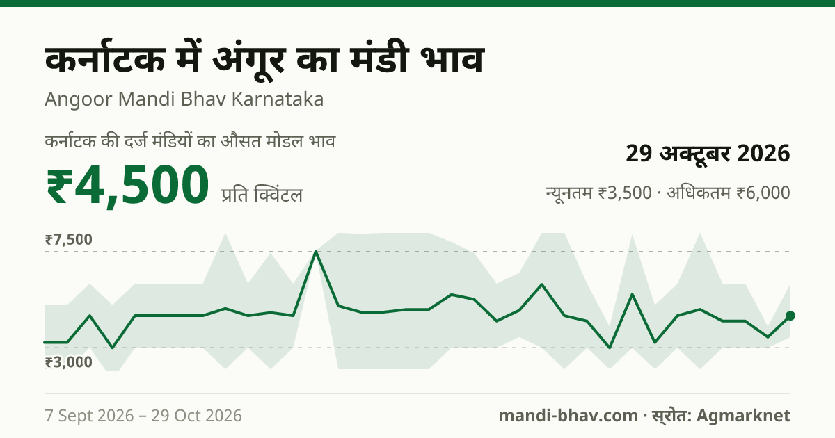 कर्नाटक में अंगूर का मंडी भाव 29 अक्टूबर 2026: औसत मोडल ₹4,500 प्रति क्विंटल, भाव के रुझान का चार्ट