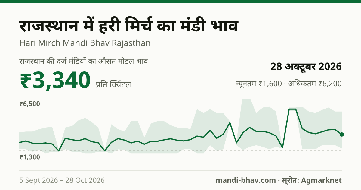 राजस्थान में हरी मिर्च का मंडी भाव 28 अक्टूबर 2026: औसत मोडल ₹3,340 प्रति क्विंटल, भाव के रुझान का चार्ट