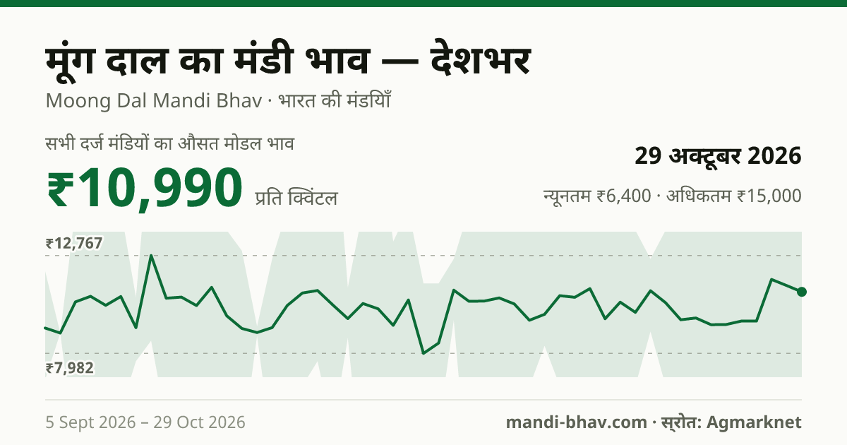 देशभर में मूंग दाल का मंडी भाव 29 अक्टूबर 2026: औसत मोडल ₹10,572 प्रति क्विंटल, भाव के रुझान का चार्ट