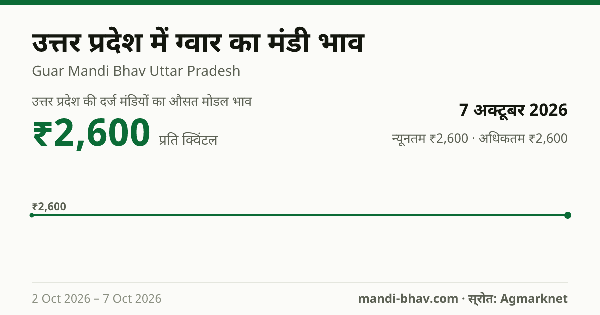 उत्तर प्रदेश में ग्वार का मंडी भाव 7 अक्टूबर 2026: औसत मोडल ₹2,600 प्रति क्विंटल, भाव के रुझान का चार्ट