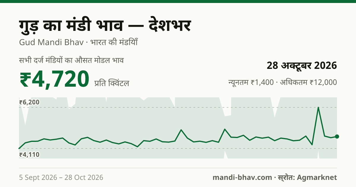 देशभर में गुड़ का मंडी भाव 28 अक्टूबर 2026: औसत मोडल ₹4,720 प्रति क्विंटल, भाव के रुझान का चार्ट
