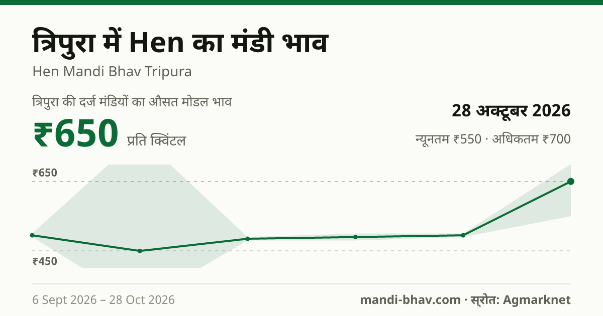 त्रिपुरा में Hen का मंडी भाव 28 अक्टूबर 2026: औसत मोडल ₹650 प्रति क्विंटल, भाव के रुझान का चार्ट