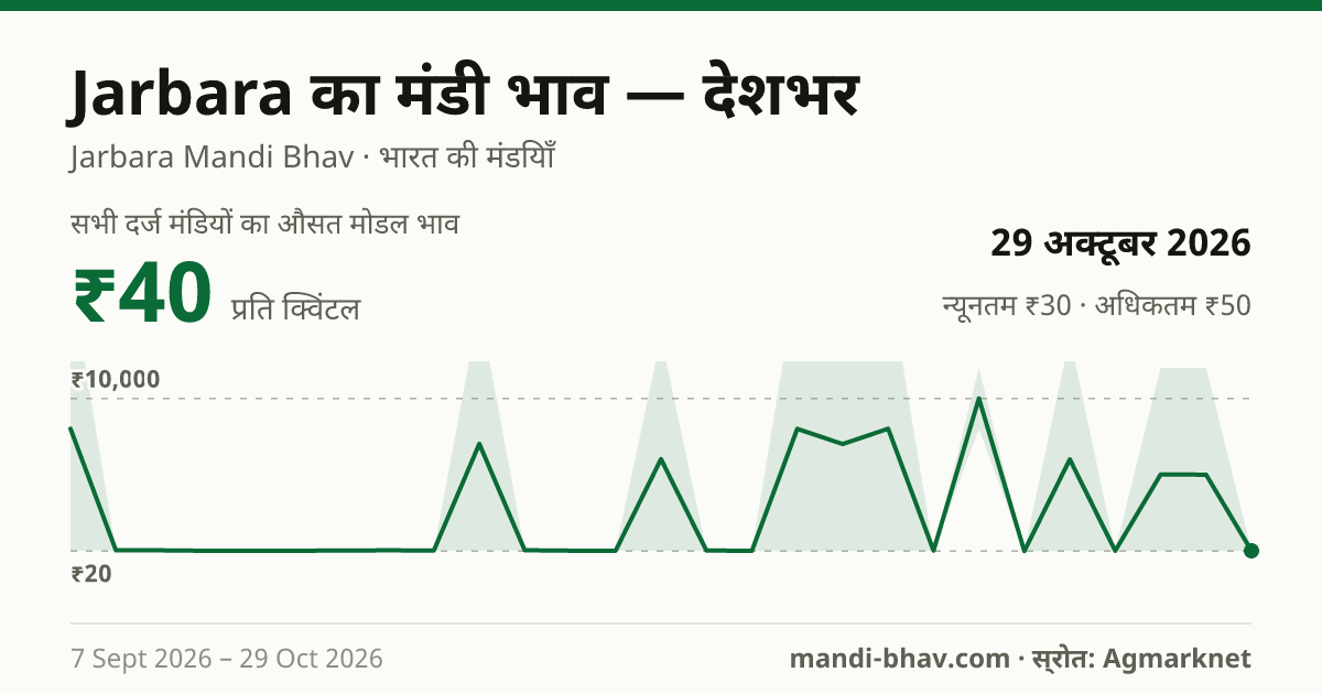 देशभर में Jarbara का मंडी भाव 29 अक्टूबर 2026: औसत मोडल ₹40 प्रति क्विंटल, भाव के रुझान का चार्ट