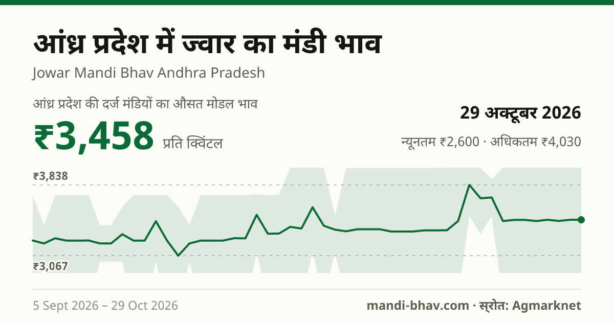 आंध्र प्रदेश में ज्वार का मंडी भाव 29 अक्टूबर 2026: औसत मोडल ₹3,458 प्रति क्विंटल, भाव के रुझान का चार्ट