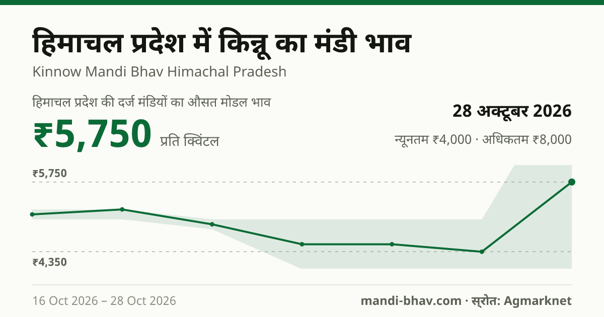 हिमाचल प्रदेश में Kinnow का मंडी भाव 28 अक्टूबर 2026: औसत मोडल ₹5,750 प्रति क्विंटल, भाव के रुझान का चार्ट