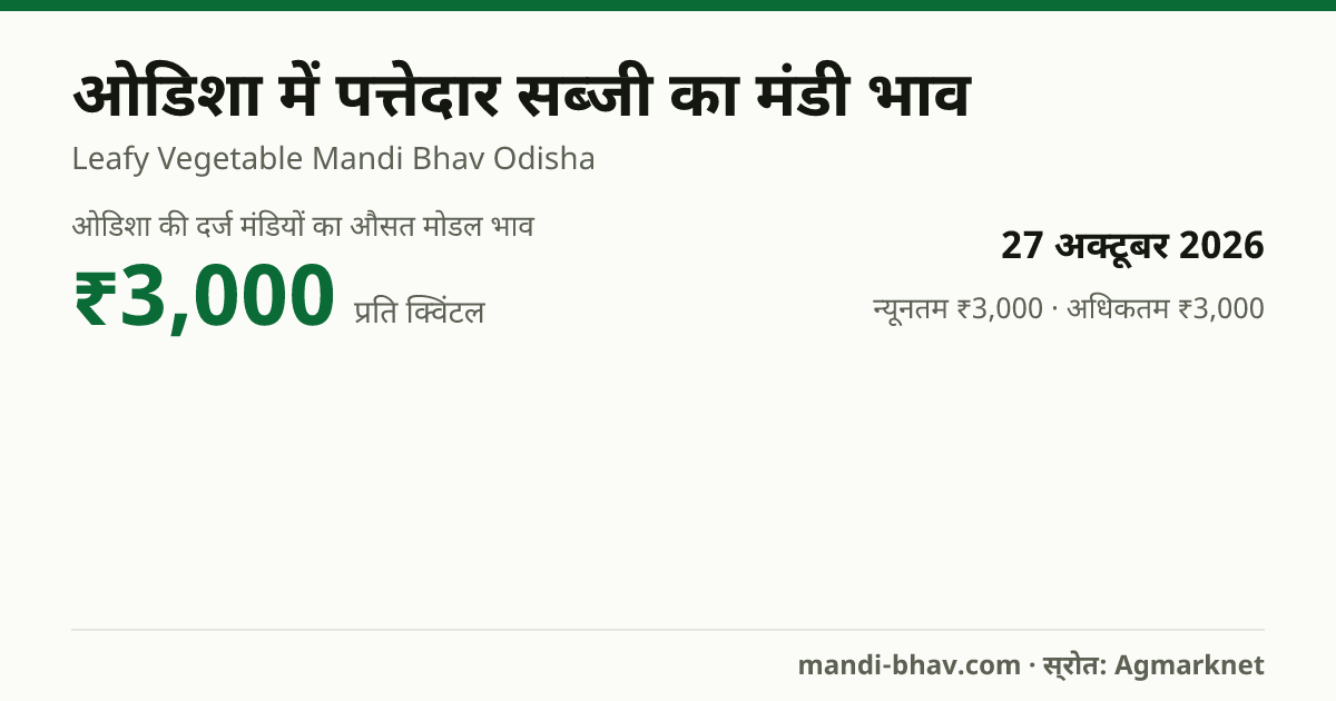 ओडिशा में पत्तेदार सब्जी का मंडी भाव 27 अक्टूबर 2026: औसत मोडल ₹3,000 प्रति क्विंटल, भाव के रुझान का चार्ट