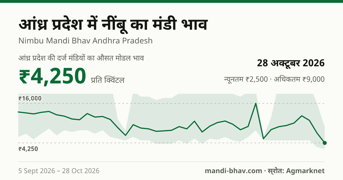 आंध्र प्रदेश में नींबू का मंडी भाव 28 अक्टूबर 2026: औसत मोडल ₹4,250 प्रति क्विंटल, भाव के रुझान का चार्ट