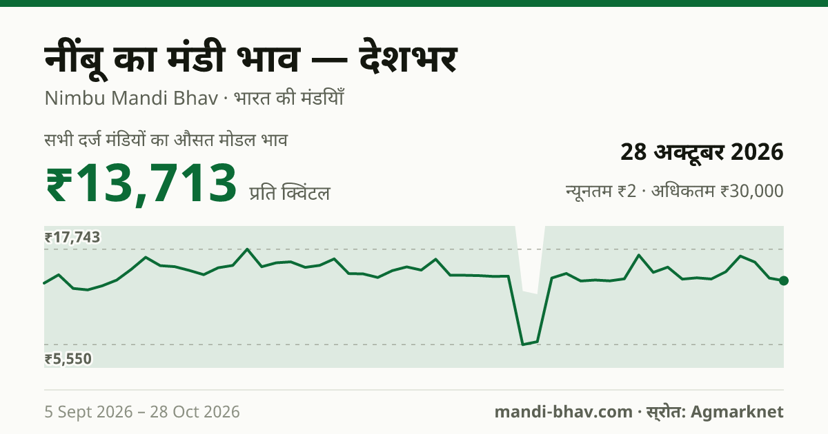 देशभर में नींबू का मंडी भाव 28 अक्टूबर 2026: औसत मोडल ₹13,713 प्रति क्विंटल, भाव के रुझान का चार्ट