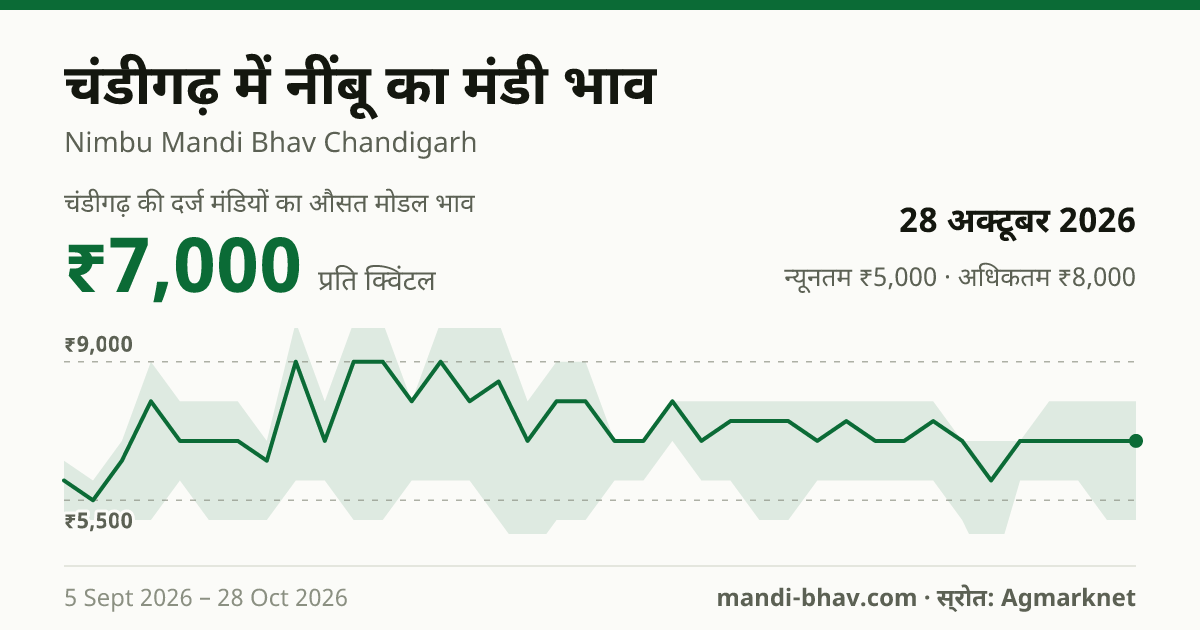 चंडीगढ़ में नींबू का मंडी भाव 28 अक्टूबर 2026: औसत मोडल ₹7,000 प्रति क्विंटल, भाव के रुझान का चार्ट