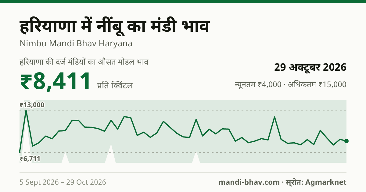 हरियाणा में नींबू का मंडी भाव 29 अक्टूबर 2026: औसत मोडल ₹8,957 प्रति क्विंटल, भाव के रुझान का चार्ट