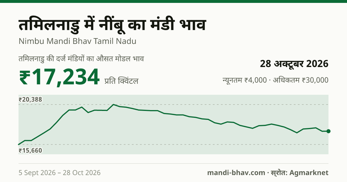 तमिलनाडु में नींबू का मंडी भाव 28 अक्टूबर 2026: औसत मोडल ₹17,234 प्रति क्विंटल, भाव के रुझान का चार्ट